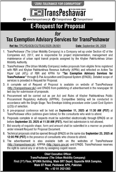 TransPeshawar Tender Notice